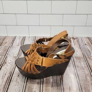 Steve Madden Womens Size 7.5 Leather High Wedge Sandals Wood Platform Heels